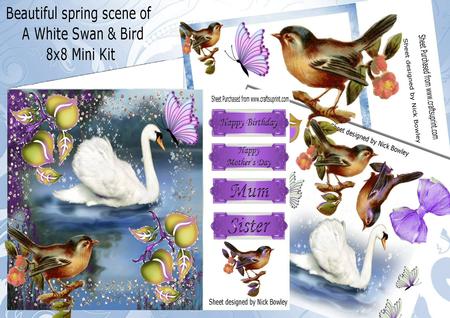 Pretty White Swan with Birds in Fantasy Scene 8x8 Mini Kit