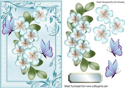 Pretty Blue Flowers with Butterflies in Ornate Frame