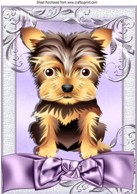 Cute Yorkshire Terrier Puppy with Lilac Bow A4