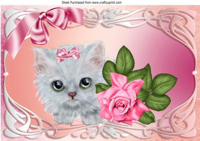 Cute Kitten with Pink Bow and Rose in Ornate Frame A4