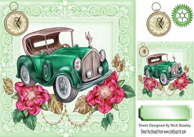 Vintage Car with Flowers and a Clock 8x8
