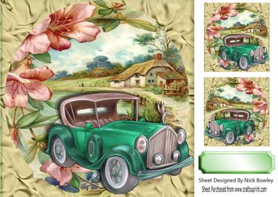 Vintage Car with Flowers and a Cottage 8x8