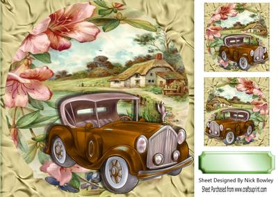 Brown Vintage Car with Flowers and a Cottage 8x8
