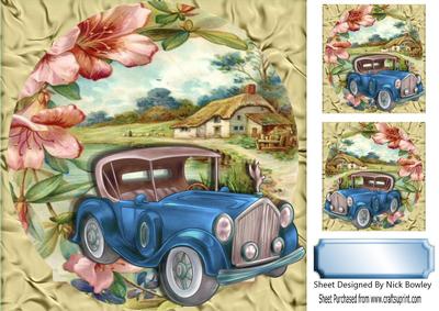 Blue Vintage Car with Flowers and a Cottage 8x8