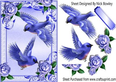 Blue Birds Flying and Blue Roses in Ornate Frame