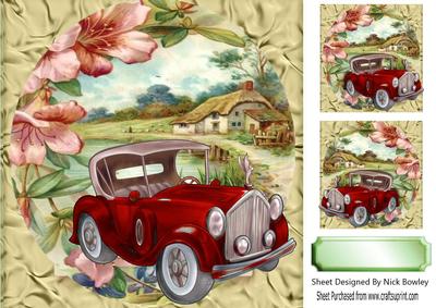 Red Vintage Car with Flowers and a Cottage 8x8