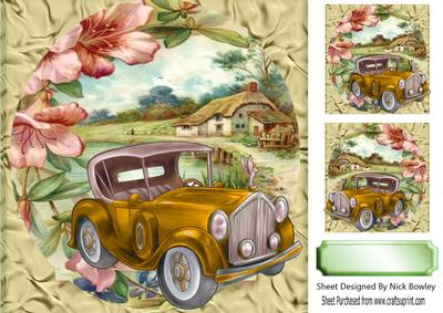 Gold Vintage Car with Flowers and a Cottage 8x8