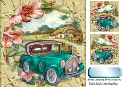 Turq Vintage Car with Flowers and a Cottage 8x8