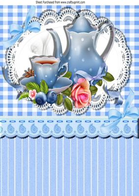 Pretty Blue Porcelaine China with Roses on Lace A4