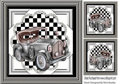 Silver Vintage Car with Chequered Frame 8x8