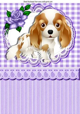 Cute Little Cavalier Puppy , with Purple Rose A4