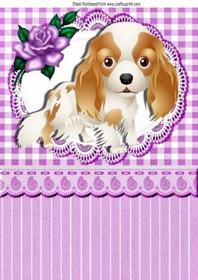 Cute Little Cavalier Puppy , with Pink Rose A4