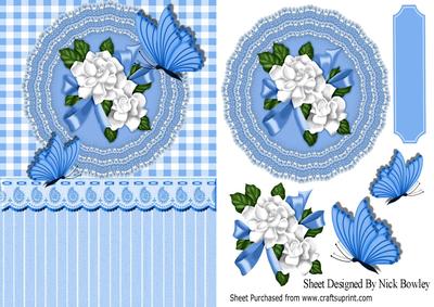 Blue Gingham with Lace Doilie and White Roses with Bow