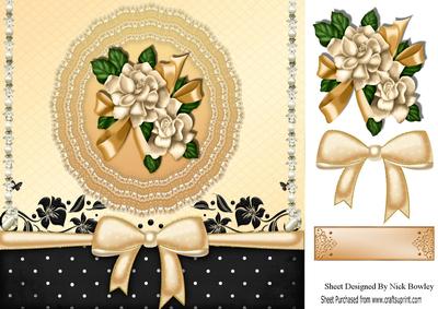 Pretty Gold and Lace Doilie with Gold Flowers and Bow 8x8