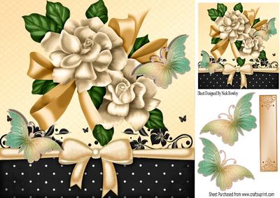 Pretty Gold and Cream Flowers with Bow and Butterflies 8x8