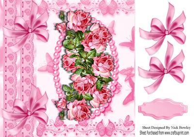 Pretty Pink Roses and Pink Bows with Pearls 8x8