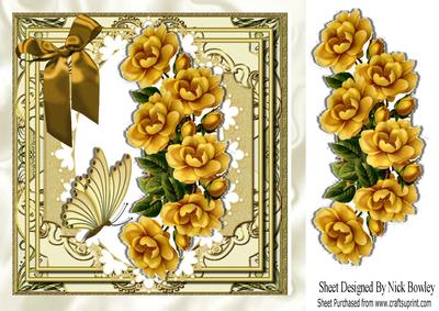 Gold Roses and Butterflies with Bow in Ornate Frame 8x8