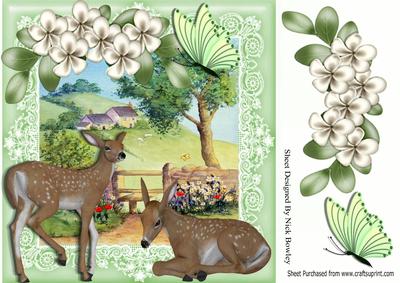 Pretty Cotswold Cottages in the Meadow with Deers 8x8