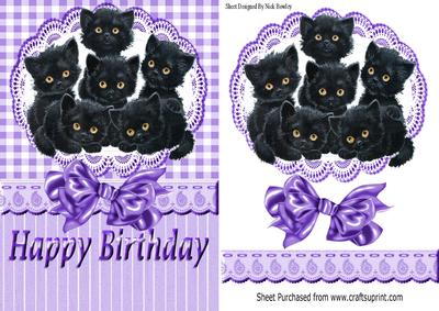 Six Cute Little Black Kittens on Lace with Purple Bow
