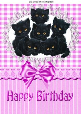 Six Cute Little Black Kittens on Lace with Pink Bow A4