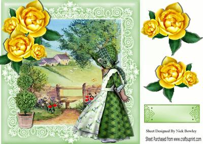 Sweet Bonnet Girl in Green with Pretty Cottag Flowers, 8x8