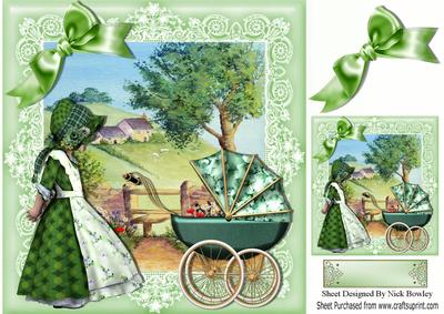 Bonnet Girl with Baby in the Meadows with Cottages 8x8