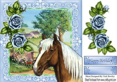 Beautiful Palomino Horse in the Meadow with Roses 8x8