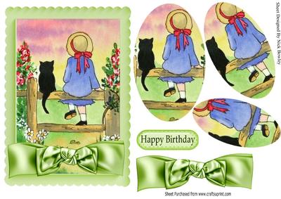 Little Girl with Her Cat Sitting on a Fence Oval Pyramids