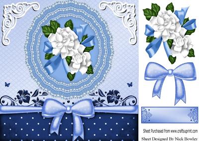 Pretty Blue Lace Doilie with Flowers and Bow 8x8