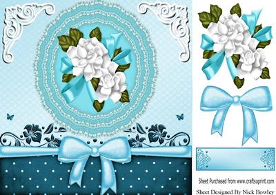 Pretty Turq Lace Doilie with Flowers and Bow 8x8