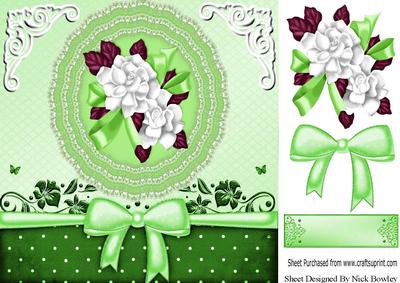 Pretty Green Lace Doilie with Flowers and Bow 8x8