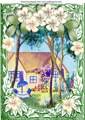 Tea in the Garden with Pretty Flowers and Cottage A4