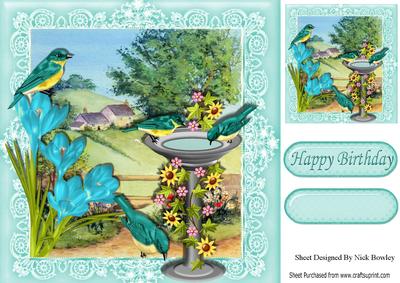 Blue Birds in the Spring with Meadows and Cottages 8x8