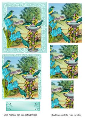 Blue Birds in the Spring with Meadows and Cottages Pyramids