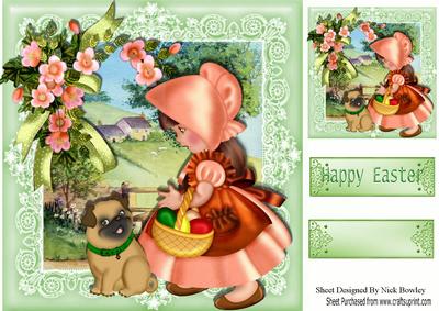 Little Girl and Her Pug Taking Easter Eggs to Gran 8x8