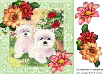 Westies in the Garden with Pretty Corner Flowers 8x8