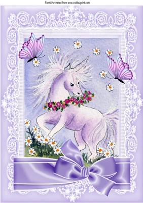Sweet Little Unicorn with Flowers and Lilac Bow A4