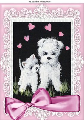 Cute Westies with Hearts in Lace Frame with Bow A4