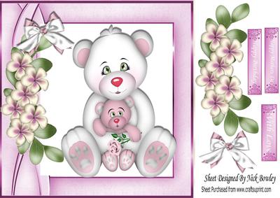 Mommy Bear and Baby Bear Cuddling with Flowers and Bow 8x8