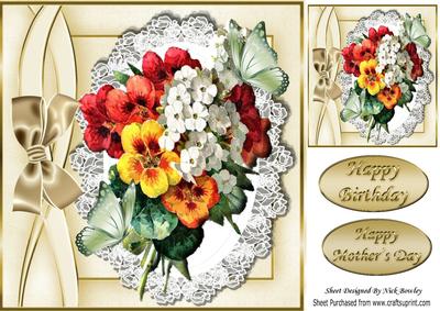 Pretty Summer Bouquet of Flowers on Lace with Bow 8x8