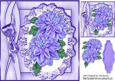 Pretty Lilac Chrysthanthemums on Lace with Bow 8x8