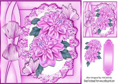 Pretty Pink Chrysthanthemums on Lace with Bow 8x8