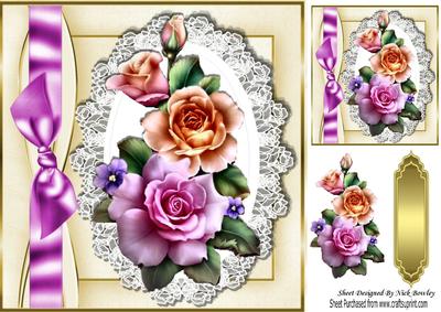 Pretty Pink/peach Roses on Lace with Bow 8x8