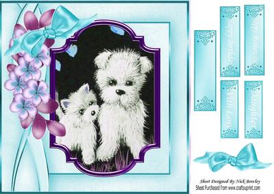 Cute Little Westies with Flowers in Turq Frame 8x8