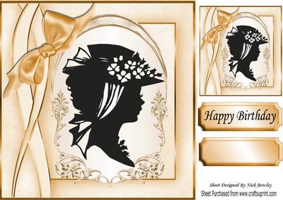 Lovely Vintage Silhouette Lady with Gold Bow 8x8