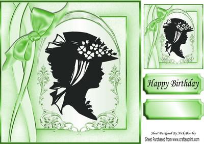 Lovely Vintage Silhouette Lady with Green Bow 8x8