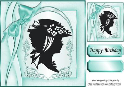 Lovely Vintage Silhouette Lady with Turq Bow 8x8