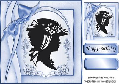 Lovely Vintage Silhouette Lady with Blue Bow 8x8