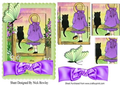 Girl and Cat Sitting on Fence , in Purple with Bow Pyramids