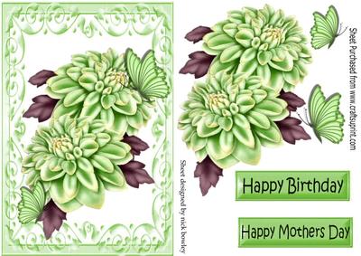 Pretty Green Chrysanthemums, & Butterflies in Ornate Frame
